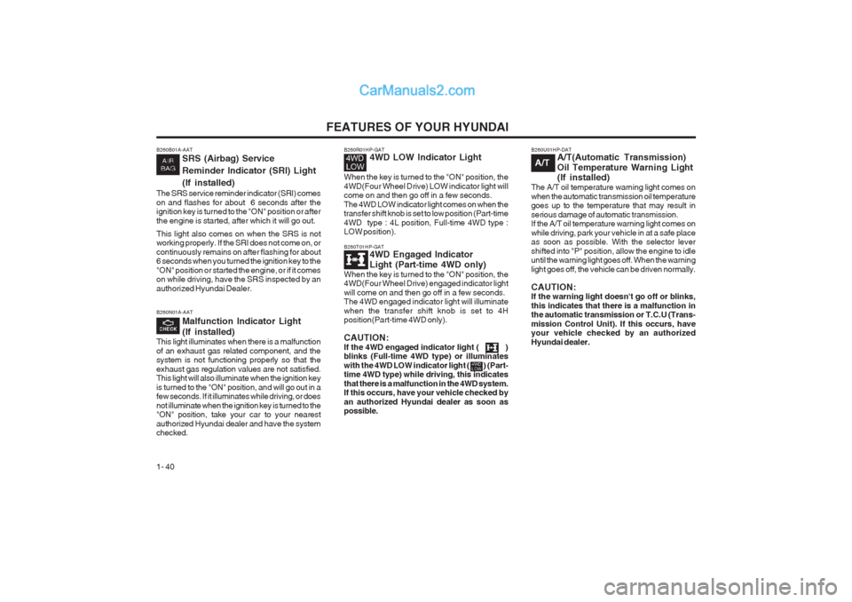 Hyundai Terracan 2003 Service Manual FEATURES OF YOUR HYUNDAI
1- 40
B260T01HP-GAT 4WD Engaged Indicator Light (Part-time 4WD only)
When the key is turned to the "ON" position, the 4WD(Four Wheel Drive) engaged indicator light will come o Hyundai Terracan 2003 Service Manual FEATURES OF YOUR HYUNDAI
1- 40
B260T01HP-GAT 4WD Engaged Indicator Light (Part-time 4WD only)
When the key is turned to the "ON" position, the 4WD(Four Wheel Drive) engaged indicator light will come o