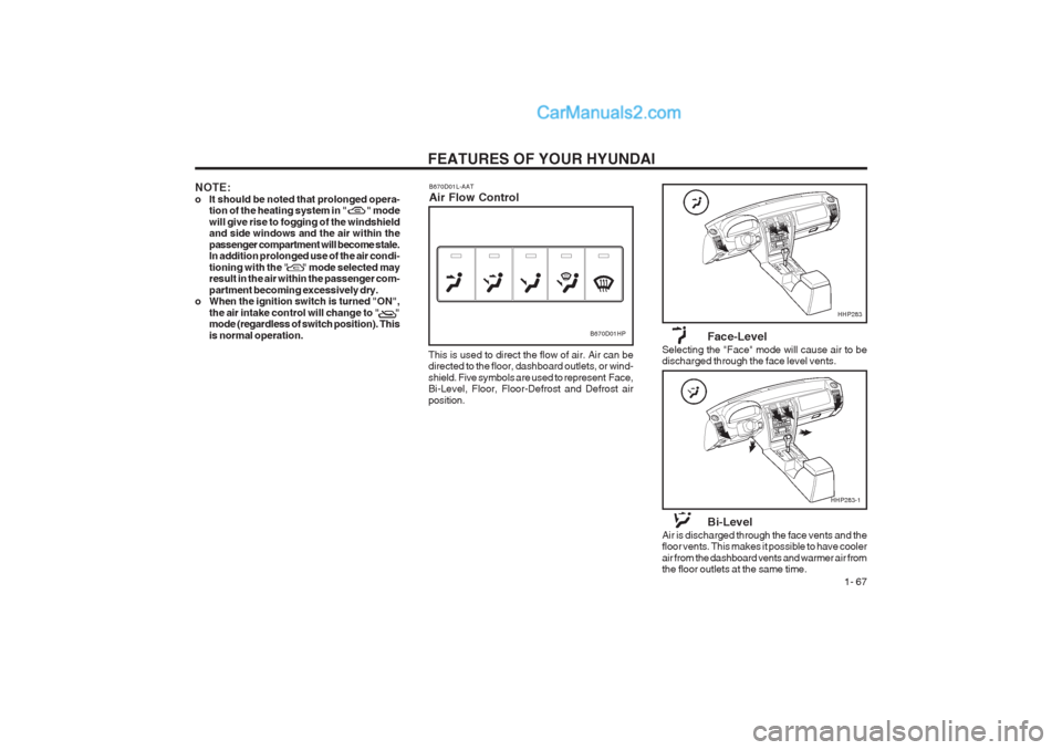 Hyundai Terracan 2003  Owners Manual FEATURES OF YOUR HYUNDAI  1- 67
NOTE: 
o It should be noted that prolonged opera-tion of the heating system in "           " modewill give rise to fogging of the windshield and side windows and the ai