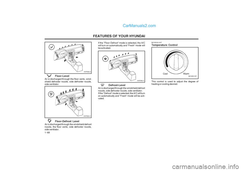 Hyundai Terracan 2003 Manual PDF FEATURES OF YOUR HYUNDAI
1- 68
B670E01HP
Cool Warm
B670E02A-AAT Temperature Control This control is used to adjust the degree of heating or cooling desired.Floor-Level
Air is discharged through the fl Hyundai Terracan 2003 Manual PDF FEATURES OF YOUR HYUNDAI
1- 68
B670E01HP
Cool Warm
B670E02A-AAT Temperature Control This control is used to adjust the degree of heating or cooling desired.Floor-Level
Air is discharged through the fl