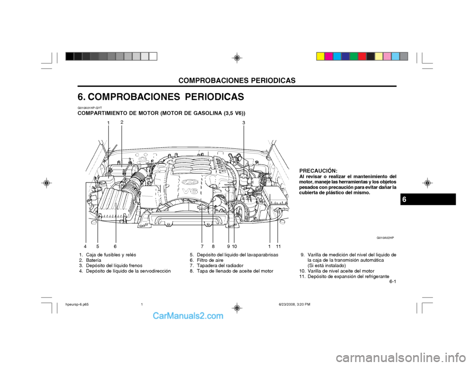 Hyundai Terracan 2003 Manual del propietario (in Spanish) COMPROBACIONES PERIODICAS 6-1
6. COMPROBACIONES PERIODICAS
1. Caja de fusibles y relés
2. BaterÃa
3. Depósito del lÃquido frenos
4. Depósito de lÃquido de la servodirección 5. Depós Hyundai Terracan 2003 Manual del propietario (in Spanish) COMPROBACIONES PERIODICAS 6-1
6. COMPROBACIONES PERIODICAS
1. Caja de fusibles y relés
2. BaterÃa
3. Depósito del lÃquido frenos
4. Depósito de lÃquido de la servodirección 5. Depós