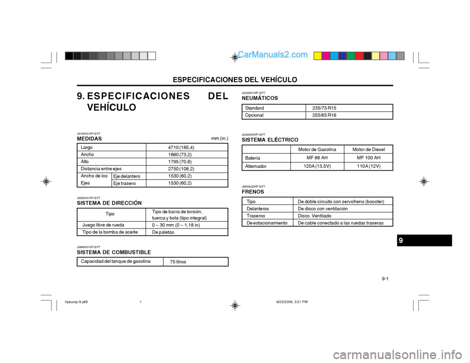 Hyundai Terracan 2003 Manual del propietario (in Spanish) ESPECIFICACIONES DEL VEHÍCULO 9-1
Motor de Gasolina
MF 68 AH
120A (13,5V)
J040A02HP-GYT SISTEMA ELÉCTRICO
9. ESPECIFICACIONES DEL
VEHÍCULO J030A01HP-GYT NEUMÁTICOS
Standard Opcional
235/75 R15255 Hyundai Terracan 2003 Manual del propietario (in Spanish) ESPECIFICACIONES DEL VEHÍCULO 9-1
Motor de Gasolina
MF 68 AH
120A (13,5V)
J040A02HP-GYT SISTEMA ELÉCTRICO
9. ESPECIFICACIONES DEL
VEHÍCULO J030A01HP-GYT NEUMÁTICOS
Standard Opcional
235/75 R15255