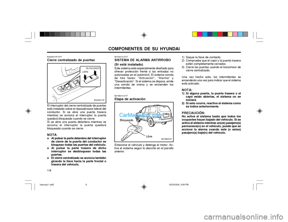 Hyundai Terracan 2003  Manual del propietario (in Spanish) COMPONENTES DE SU HYUNDAI
1-8 B040G01HP-GYT Cierre centralizado de puertas El interruptor del cierre centralizado de puertas
está instalado sobre el reposabrazos lateral del conductor. Si se abre una