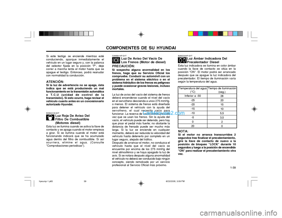 Hyundai Terracan 2003 Manual del propietario (in Spanish) COMPONENTES DE SU HYUNDAI 1-39
B265A01B-GHT
Luz Roja De Aviso Del Filtro De Combustible(Motores diesel)
Esta luz se ilumina cuando se activa la llave de contacto y se apaga cuando el motor empiezaa g Hyundai Terracan 2003 Manual del propietario (in Spanish) COMPONENTES DE SU HYUNDAI 1-39
B265A01B-GHT
Luz Roja De Aviso Del Filtro De Combustible(Motores diesel)
Esta luz se ilumina cuando se activa la llave de contacto y se apaga cuando el motor empiezaa g
