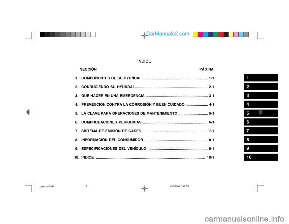 Hyundai Terracan 2003  Manual del propietario (in Spanish) ÍNDICE
 SECCIÓN                                                                                                 PÁGINA
 1. COMPONENTES DE SU HYUNDAI ................................................