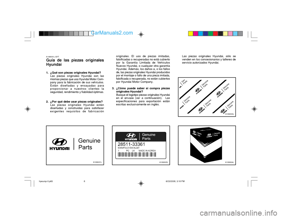 Hyundai Terracan 2003  Manual del propietario (in Spanish) A100A01L-GYT Guía de las piezas originales
Hyundai 
1. ¿Qué son piezas originales Hyundai? Las piezas originales Hyundai son las mismas piezas que usa Hyundai Motor Com-pany para la fabricación de