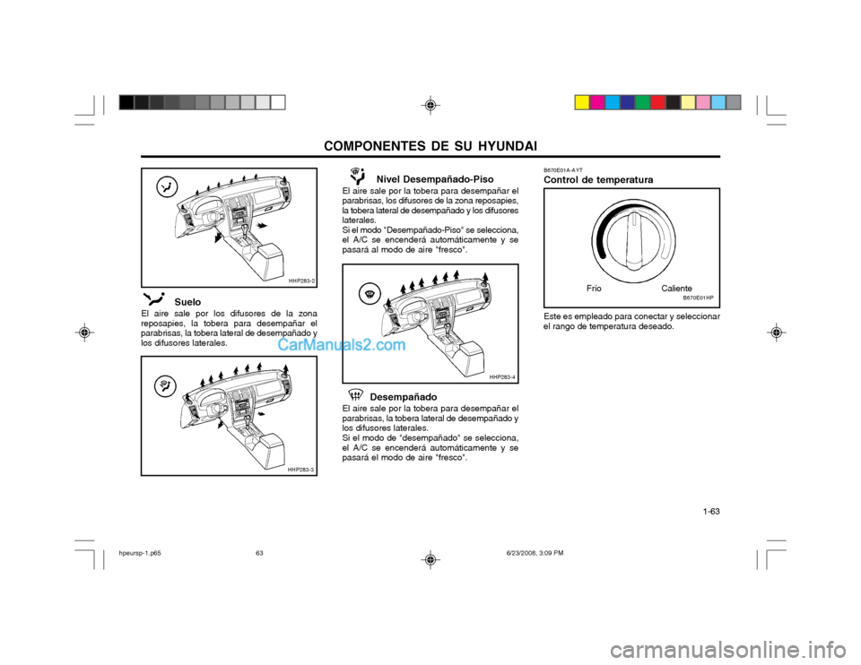 Hyundai Terracan 2003 Manual del propietario (in Spanish) COMPONENTES DE SU HYUNDAI 1-63
Nivel Desempañado-Piso
El aire sale por la tobera para desempañar el
parabrisas, los difusores de la zona reposapies, la tobera lateral de desempañado y los difuso Hyundai Terracan 2003 Manual del propietario (in Spanish) COMPONENTES DE SU HYUNDAI 1-63
Nivel Desempañado-Piso
El aire sale por la tobera para desempañar el
parabrisas, los difusores de la zona reposapies, la tobera lateral de desempañado y los difuso