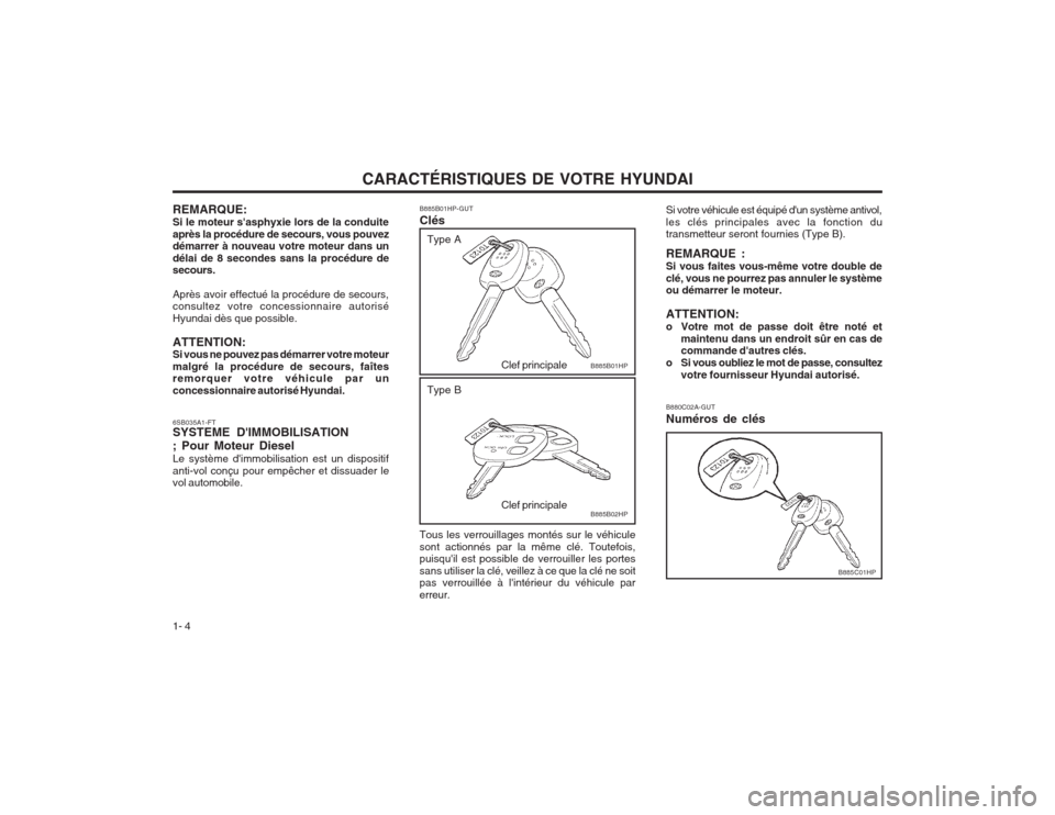 Hyundai Terracan 2003 Manuel du propriétaire (in French) CARACTÉRISTIQUES DE VOTRE HYUNDAI
1- 4
REMARQUE: Si le moteur sasphyxie lors de la conduiteaprès la procédure de secours, vous pouvez démarrer à nouveau votre moteur dans un délai de 8 secondes Hyundai Terracan 2003 Manuel du propriétaire (in French) CARACTÉRISTIQUES DE VOTRE HYUNDAI
1- 4
REMARQUE: Si le moteur sasphyxie lors de la conduiteaprès la procédure de secours, vous pouvez démarrer à nouveau votre moteur dans un délai de 8 secondes