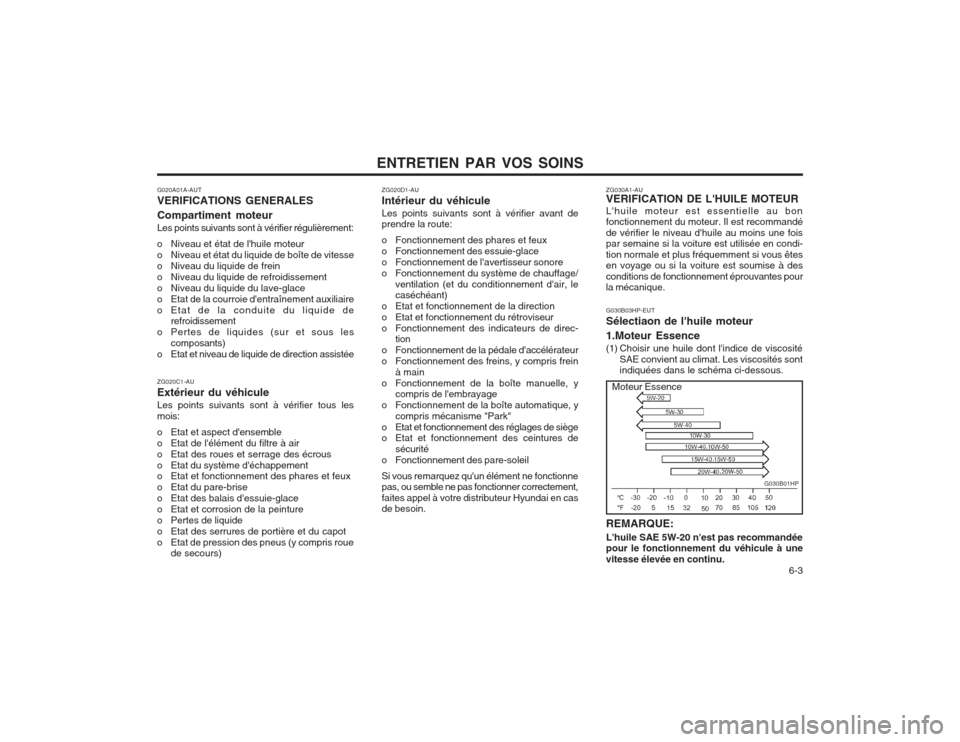 Hyundai Terracan 2003  Manuel du propriétaire (in French) ENTRETIEN PAR VOS SOINS  6-3
G020A01A-AUT VERIFICATIONS GENERALES Compartiment moteur Les points suivants sont à vérifier régulièrement: 
o Niveau et état de lhuile moteur 
o Niveau et état du 