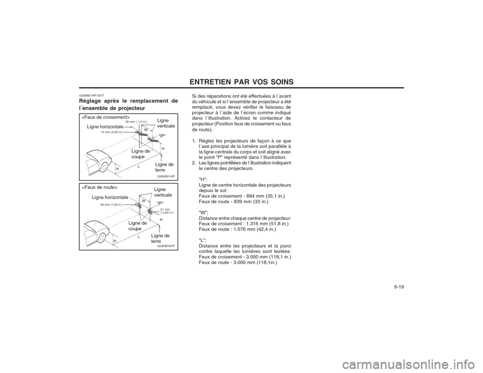 Hyundai Terracan 2003  Manuel du propriétaire (in French) ENTRETIEN PAR VOS SOINS  6-19
G290B01HP-GUT Réglage après le remplacement de l´ensemble de projecteurLigne horizontale Ligne verticale
Ligne deterre
Ligne decoupe
L W
H
H "P"
38 mm ( 1,5 in.)
 14 m