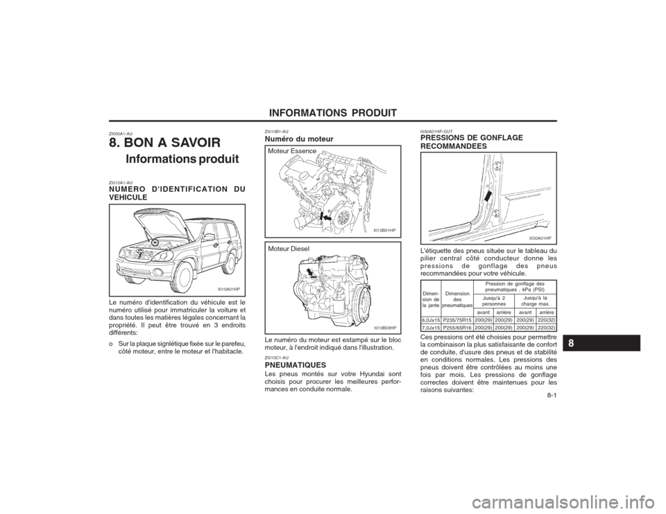 Hyundai Terracan 2003  Manuel du propriétaire (in French) INFORMATIONS PRODUIT  8-1
ZI000A1-AU 
8. BON A SAVOIRInformations produit
ZI010A1-AU NUMERO DIDENTIFICATION DU VEHICULE Le numéro didentification du véhicule est le numéro utilisé pour immatricu