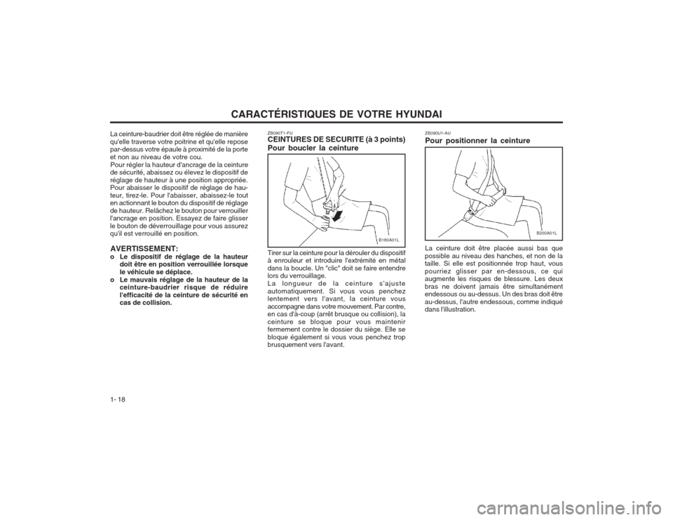 Hyundai Terracan 2003 Manuel du propriétaire (in French) CARACTÉRISTIQUES DE VOTRE HYUNDAI
1- 18 ZB090U1-AU Pour positionner la ceinture
B200A01L
La ceinture doit être placée aussi bas que
possible au niveau des hanches, et non de la taille. Si elle est Hyundai Terracan 2003 Manuel du propriétaire (in French) CARACTÉRISTIQUES DE VOTRE HYUNDAI
1- 18 ZB090U1-AU Pour positionner la ceinture
B200A01L
La ceinture doit être placée aussi bas que
possible au niveau des hanches, et non de la taille. Si elle est