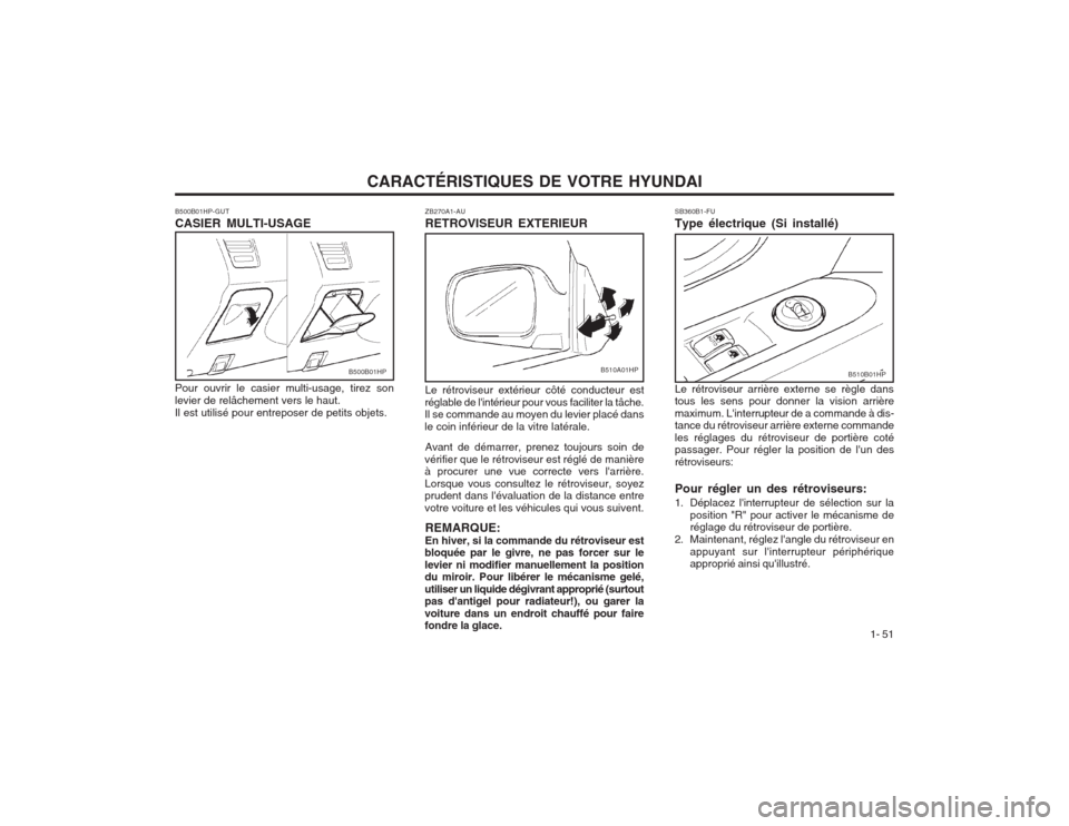 Hyundai Terracan 2003 Manuel du propriétaire (in French) CARACTÉRISTIQUES DE VOTRE HYUNDAI1- 51
SB360B1-FU Type électrique (Si installé) Le rétroviseur arrière externe se règle dans tous les sens pour donner la vision arrière maximum. Linterrupteur Hyundai Terracan 2003 Manuel du propriétaire (in French) CARACTÉRISTIQUES DE VOTRE HYUNDAI1- 51
SB360B1-FU Type électrique (Si installé) Le rétroviseur arrière externe se règle dans tous les sens pour donner la vision arrière maximum. Linterrupteur
