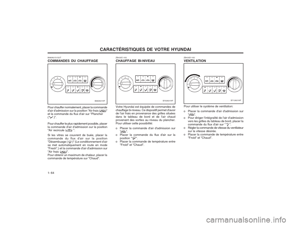 Hyundai Terracan 2003  Manuel du propriétaire (in French) CARACTÉRISTIQUES DE VOTRE HYUNDAI
1- 64 ZB430C1-AU CHAUFFAGE BI-NIVEAU Votre Hyundai est équipée de commandes de chauffage bi-niveau. Ce dispositif permet davoir de lair frais en provenance des g