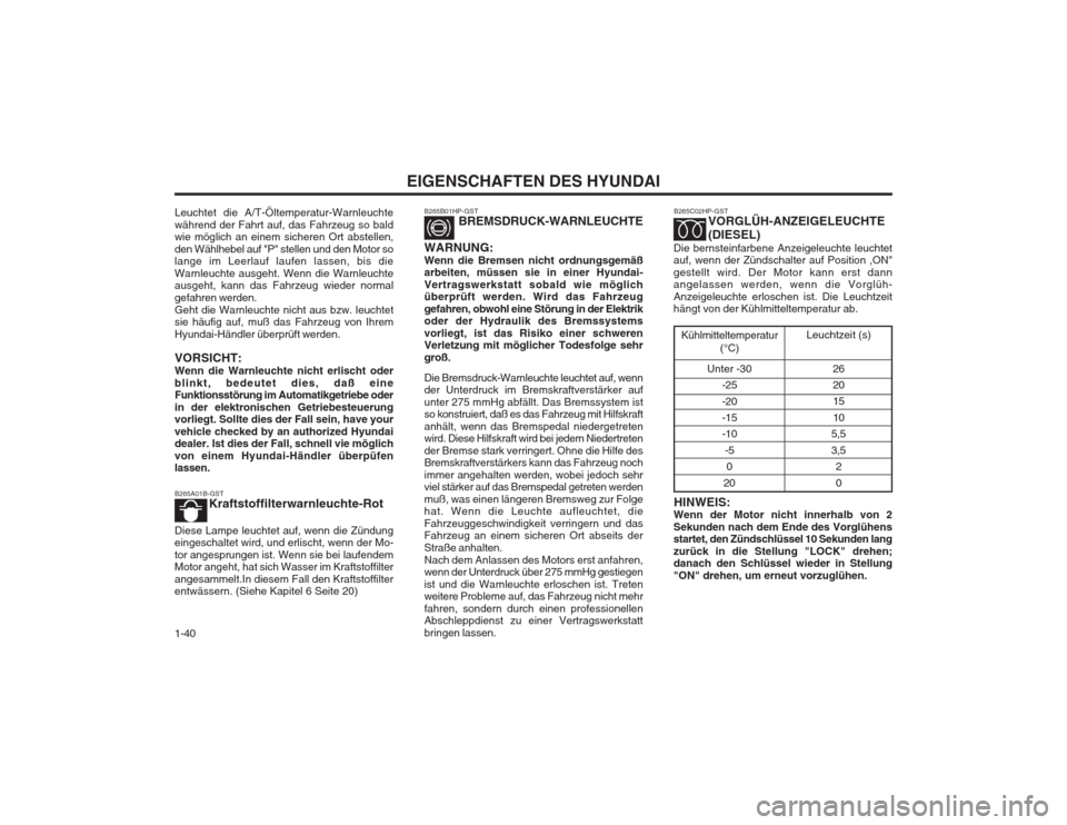 Hyundai Terracan 2002  Betriebsanleitung (in German) EIGENSCHAFTEN DES HYUNDAI
1-40
B265C02HP-GST VORGLÜH-ANZEIGELEUCHTE (DIESEL)
Die bernsteinfarbene Anzeigeleuchte leuchtet auf, wenn der Zündschalter auf Position ,ON" gestellt wird. Der Motor kann e