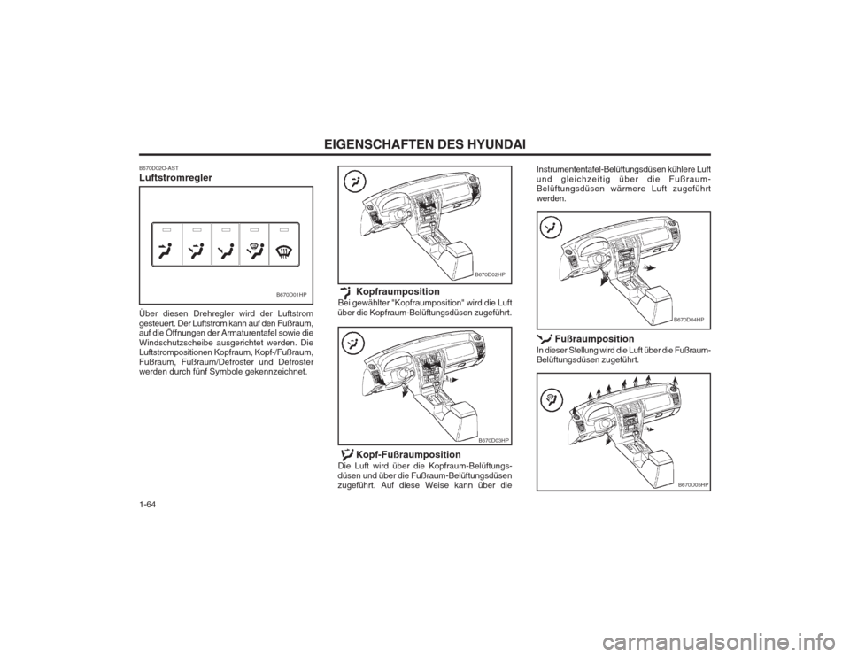 Hyundai Terracan 2002  Betriebsanleitung (in German) EIGENSCHAFTEN DES HYUNDAI
1-64 Fußraumposition
In dieser Stellung wird die Luft über die Fußraum- Belüftungsdüsen zugeführt.
Instrumententafel-Belüftungsdüsen kühlere Luft und gleichzeitig ü