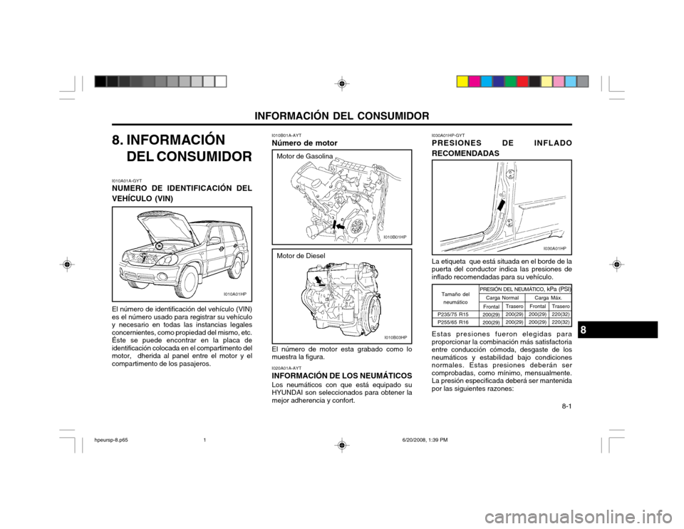 Hyundai Terracan 2002  Manual del propietario (in Spanish) INFORMACIÓN DEL CONSUMIDOR 8-1
I010B01A-AYT Número de motor
8. INFORMACIÓN
DEL CONSUMIDOR
El número de motor esta grabado como lo muestra la figura. I020A01A-AYT INFORMACIÓN DE LOS NEUMÁTICOS Lo