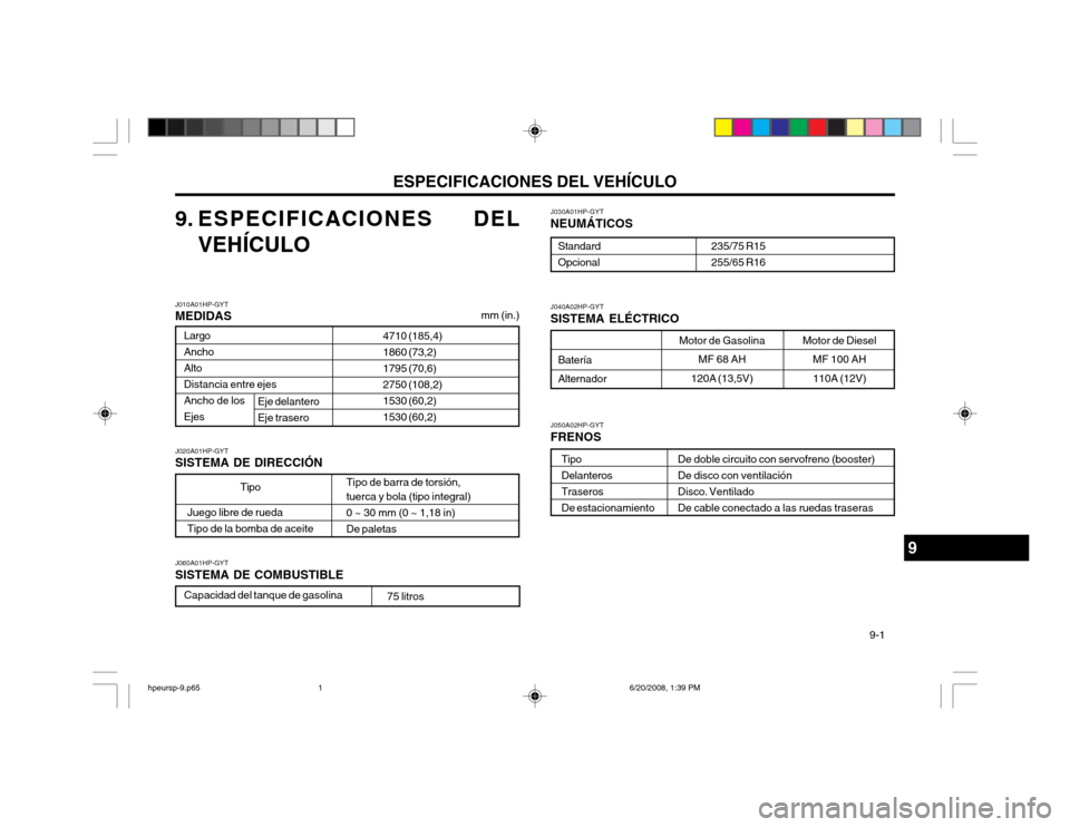 Hyundai Terracan 2002  Manual del propietario (in Spanish) ESPECIFICACIONES DEL VEHÍCULO  9-1
Motor de Gasolina
MF 68 AH
120A (13,5V)
J040A02HP-GYT SISTEMA ELÉCTRICO
9. ESPECIFICACIONES DEL
VEHÍCULO J030A01HP-GYT NEUMÁTICOS
Standard Opcional
235/75 R15255