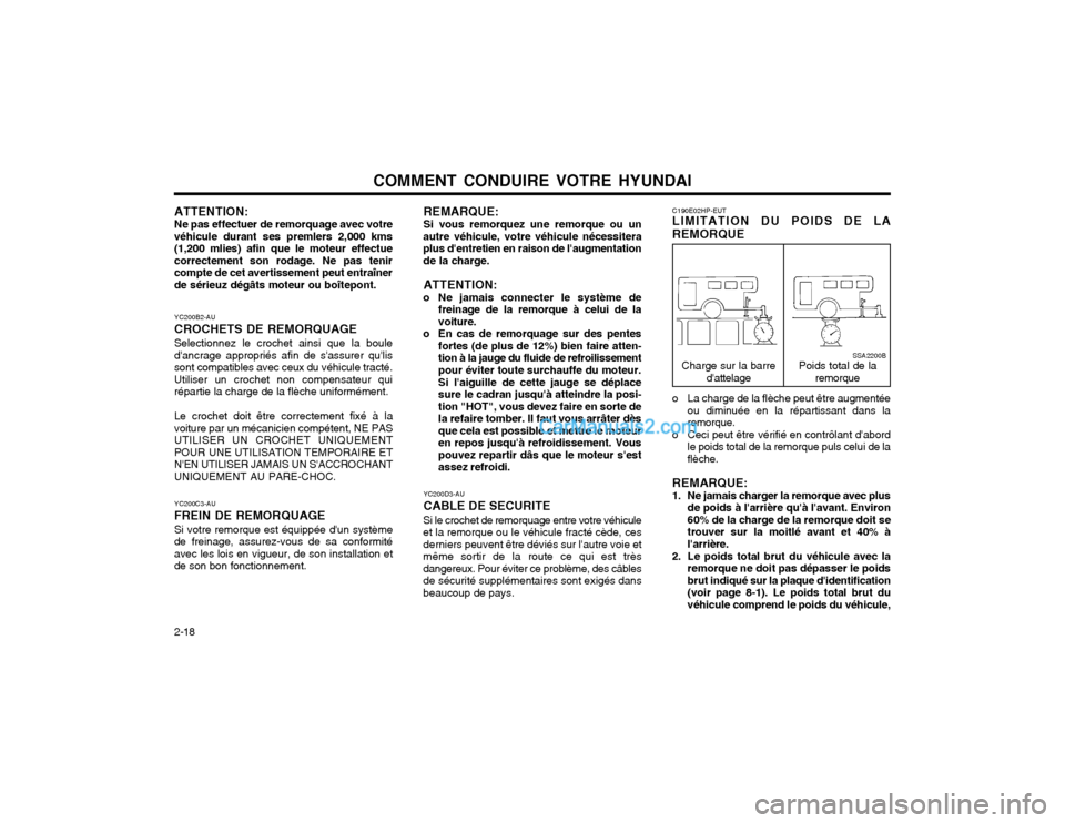 Hyundai Terracan 2002  Manuel du propriétaire (in French) COMMENT CONDUIRE VOTRE HYUNDAI
2-18 C190E02HP-EUT LIMITATION DU POIDS DE LA REMORQUE
Poids total de la
remorque
Charge sur la barre
dattelageSSA2200B
REMARQUE: Si vous remorquez une remorque ou un
au