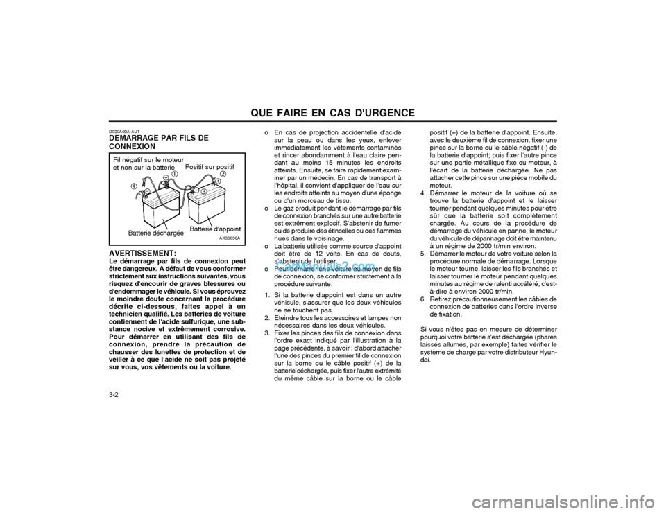 Hyundai Terracan 2002  Manuel du propriétaire (in French) QUE FAIRE EN CAS DURGENCE
3-2 o En cas de projection accidentelle dacide
sur la peau ou dans les yeux, enlever immédiatement les vêtements contaminéset rincer abondamment à leau claire pen-dant