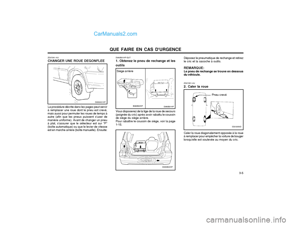 Hyundai Terracan 2002  Manuel du propriétaire (in French) QUE FAIRE EN CAS DURGENCE  3-5
ZD070A1-AU CHANGER UNE ROUE DEGONFLEE La procédure décrite dans les pages peut servir
à remplacer une roue dont le pneu est crevé, mais aussi pour permuter les roue