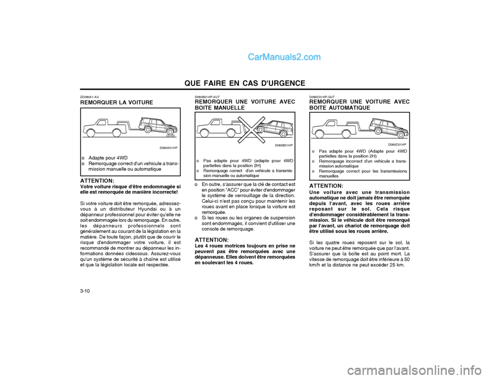 Hyundai Terracan 2002  Manuel du propriétaire (in French) QUE FAIRE EN CAS DURGENCE
3-10 D080C01HP-GUT REMORQUER UNE VOITURE AVEC BOITE AUTOMATIQUE
D080B01HP-AUT REMORQUER UNE VOITURE AVEC BOITE MANUELLE
o Pas adapte pour 4WD (adapte pour 4WD partielles dan