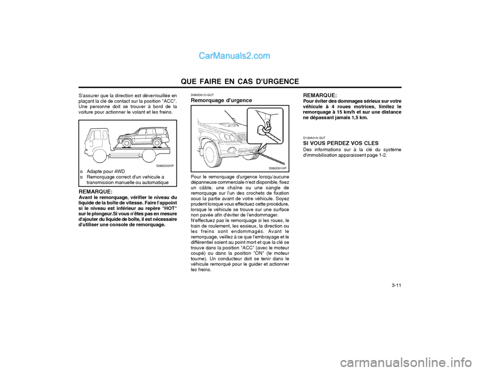 Hyundai Terracan 2002  Manuel du propriétaire (in French) QUE FAIRE EN CAS DURGENCE  3-11
REMARQUE: Avant le remorquage, vérifier le niveau du
liquide de la boîte de vitesse. Faire lappoint si le niveau est inférieur au repère "HOT"sur le plongeur.Si v