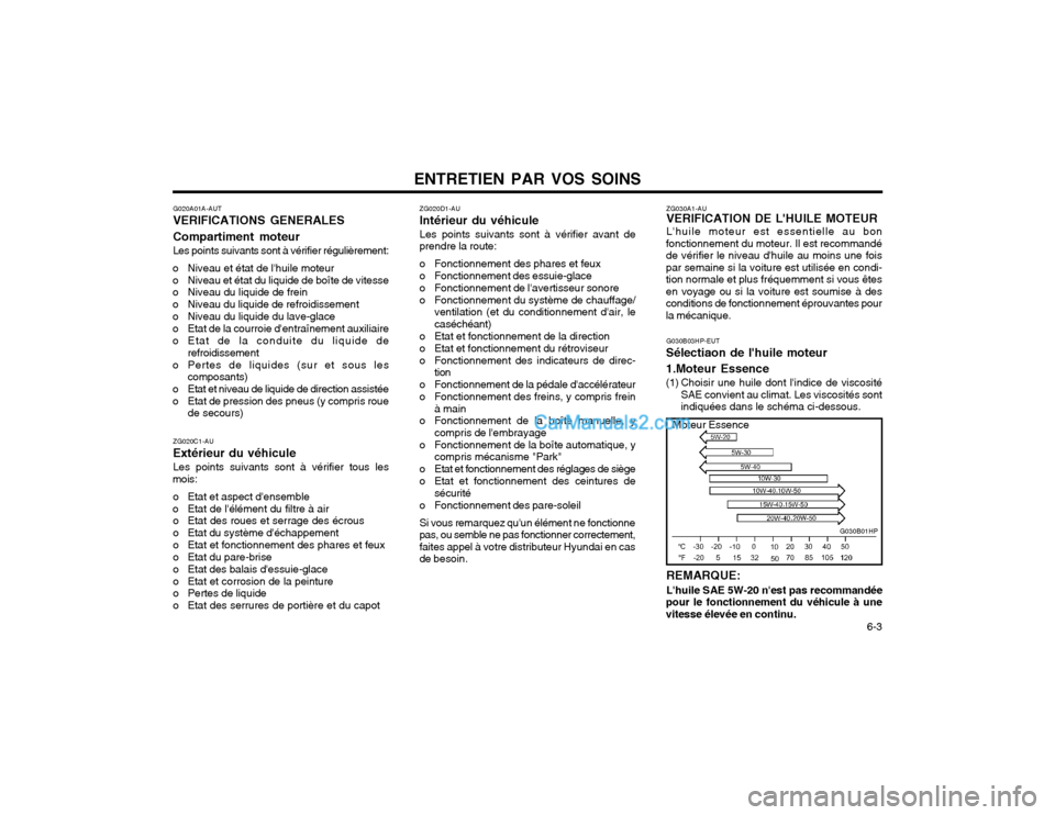 Hyundai Terracan 2002  Manuel du propriétaire (in French) ENTRETIEN PAR VOS SOINS  6-3
G020A01A-AUT VERIFICATIONS GENERALES Compartiment moteur Les points suivants sont à vérifier régulièrement:
o Niveau et état de lhuile moteur 
o Niveau et état du l