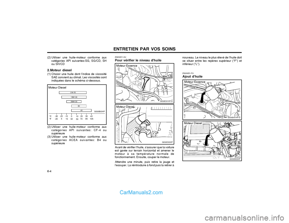 Hyundai Terracan 2002  Manuel du propriétaire (in French) ENTRETIEN PAR VOS SOINS
6-4
ZG030C1-AU Pour vérifier le niveau dhuile Avant de vérifier lhuile, sassurer que la voiture
est garée sur terrain horizontal et amener le moteur à sa température no