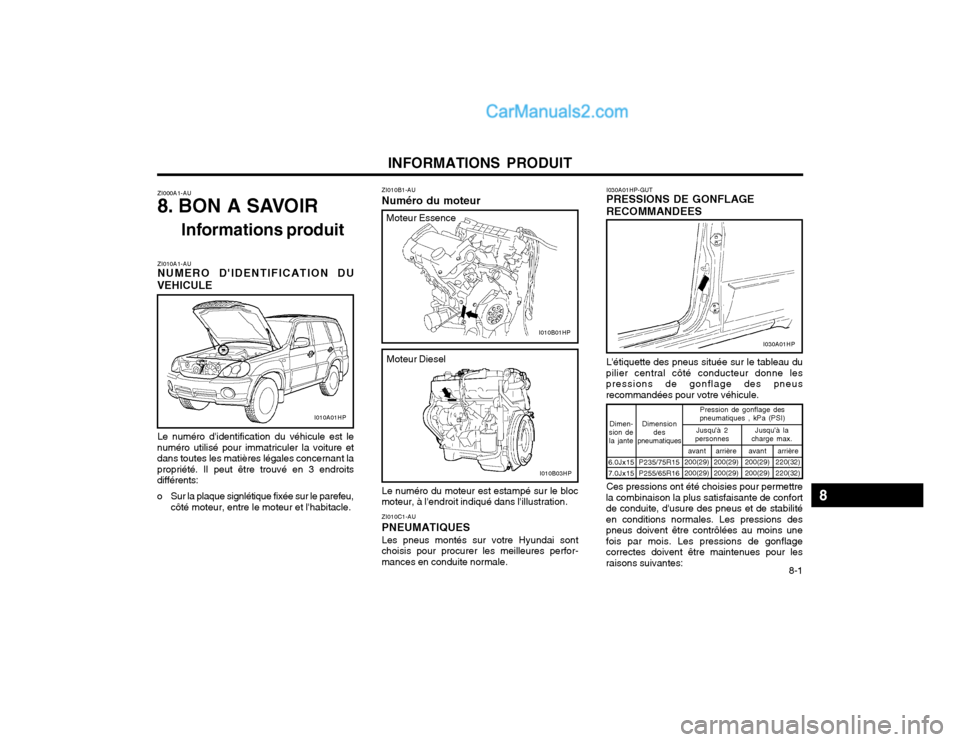 Hyundai Terracan 2002 Manuel du propriétaire (in French) INFORMATIONS PRODUIT 8-1
ZI000A1-AU
8. BON A SAVOIRInformations produit
ZI010A1-AU NUMERO DIDENTIFICATION DU
VEHICULE
Le numéro didentification du véhicule est le
numéro utilisé pour immatricu Hyundai Terracan 2002 Manuel du propriétaire (in French) INFORMATIONS PRODUIT 8-1
ZI000A1-AU
8. BON A SAVOIRInformations produit
ZI010A1-AU NUMERO DIDENTIFICATION DU
VEHICULE
Le numéro didentification du véhicule est le
numéro utilisé pour immatricu