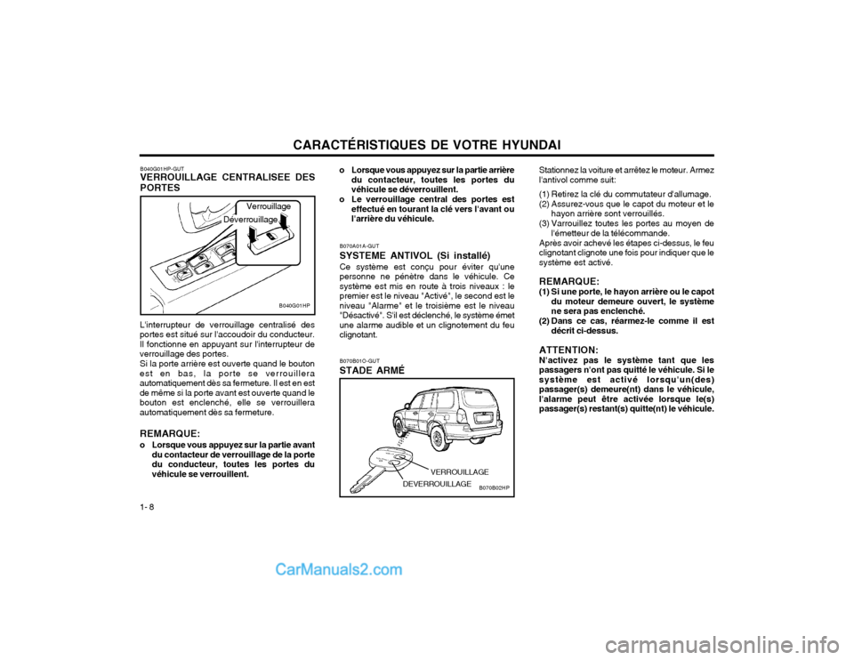 Hyundai Terracan 2002 Manuel du propriétaire (in French) CARACTÉRISTIQUES DE VOTRE HYUNDAI
1- 8 B070A01A-GUT SYSTEME ANTIVOL (Si installé)Ce système est conçu pour éviter quune personne ne pénètre dans le véhicule. Cesystème est mis en route à tr Hyundai Terracan 2002 Manuel du propriétaire (in French) CARACTÉRISTIQUES DE VOTRE HYUNDAI
1- 8 B070A01A-GUT SYSTEME ANTIVOL (Si installé)Ce système est conçu pour éviter quune personne ne pénètre dans le véhicule. Cesystème est mis en route à tr