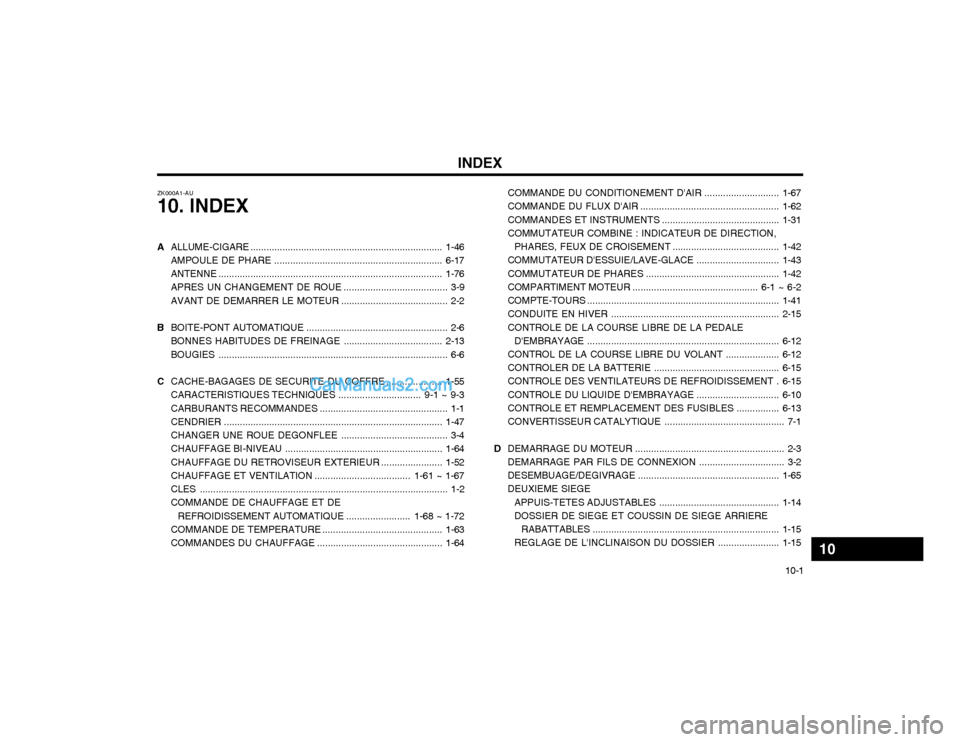 Hyundai Terracan 2002  Manuel du propriétaire (in French) INDEX10-1
COMMANDE DU CONDITIONEMENT 
DAIR ............................1-67
COMMANDE DU FLUX  DAIR .................................................... 1-62
COMMANDES ET INSTRUMENTS ................