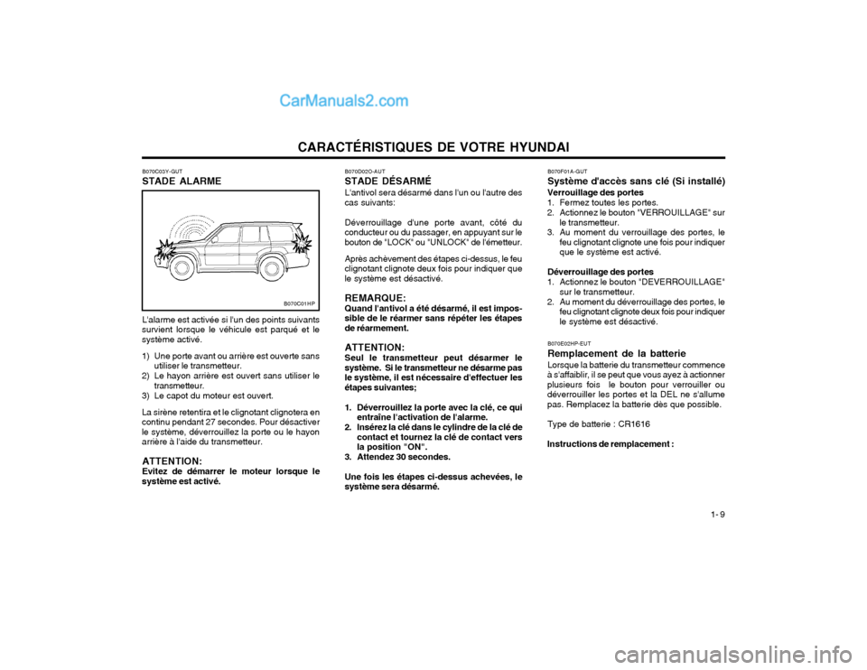 Hyundai Terracan 2002 Manuel du propriétaire (in French) CARACTÉRISTIQUES DE VOTRE HYUNDAI1- 9
B070C03Y-GUT STADE ALARME
B070C01HP
Lalarme est activée si lun des points suivants
survient lorsque le véhicule est parqué et le système activé.
1) Une p Hyundai Terracan 2002 Manuel du propriétaire (in French) CARACTÉRISTIQUES DE VOTRE HYUNDAI1- 9
B070C03Y-GUT STADE ALARME
B070C01HP
Lalarme est activée si lun des points suivants
survient lorsque le véhicule est parqué et le système activé.
1) Une p