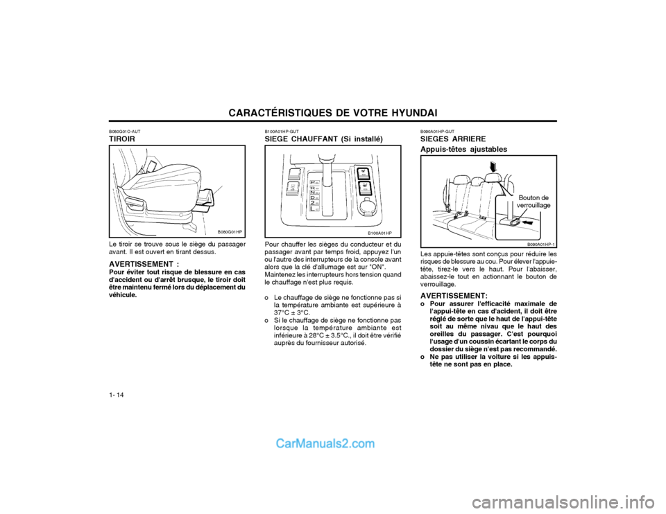 Hyundai Terracan 2002 Manuel du propriétaire (in French) CARACTÉRISTIQUES DE VOTRE HYUNDAI
1- 14
B090A01HP-GUT SIEGES ARRIERE Appuis-têtes ajustables
B090A01HP-1
Bouton de
verrouillage
Les appuie-têtes sont conçus pour réduire les risques de blessure a Hyundai Terracan 2002 Manuel du propriétaire (in French) CARACTÉRISTIQUES DE VOTRE HYUNDAI
1- 14
B090A01HP-GUT SIEGES ARRIERE Appuis-têtes ajustables
B090A01HP-1
Bouton de
verrouillage
Les appuie-têtes sont conçus pour réduire les risques de blessure a