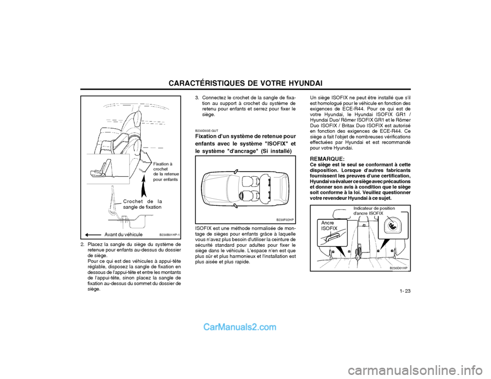 Hyundai Terracan 2002  Manuel du propriétaire (in French) CARACTÉRISTIQUES DE VOTRE HYUNDAI1- 23
2. Placez la sangle du siège du système de
retenue pour enfants au-dessus du dossier de siège. Pour ce qui est des véhicules à appui-tête réglable, dispo
