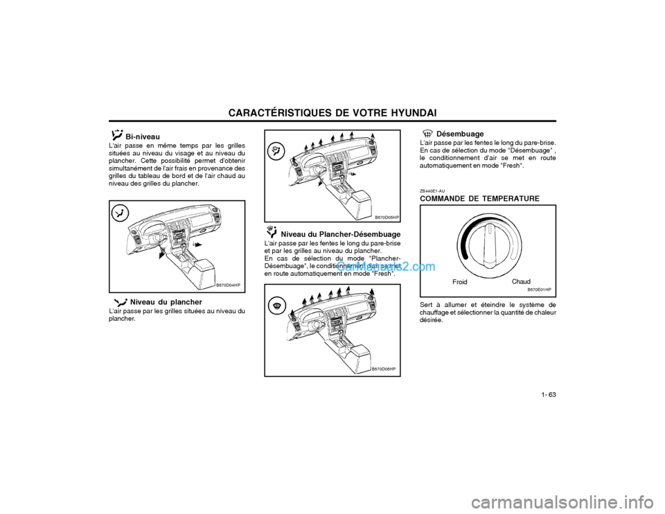 Hyundai Terracan 2002 Manuel du propriétaire (in French) CARACTÉRISTIQUES DE VOTRE HYUNDAI1- 63
ZB440E1-AU COMMANDE DE TEMPERATURE
B670D06HP
Niveau du Plancher-Désembuage
Lair passe par les fentes le long du pare-brise
et par les grilles au niveau du pla Hyundai Terracan 2002 Manuel du propriétaire (in French) CARACTÉRISTIQUES DE VOTRE HYUNDAI1- 63
ZB440E1-AU COMMANDE DE TEMPERATURE
B670D06HP
Niveau du Plancher-Désembuage
Lair passe par les fentes le long du pare-brise
et par les grilles au niveau du pla