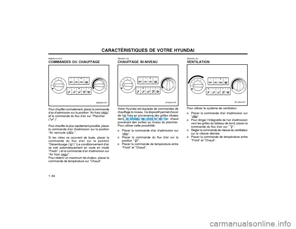 Hyundai Terracan 2002 Manuel du propriétaire (in French) CARACTÉRISTIQUES DE VOTRE HYUNDAI
1- 64 ZB430C1-AU CHAUFFAGE BI-NIVEAU Votre Hyundai est équipée de commandes de chauffage bi-niveau. Ce dispositif permet davoirde lair frais en provenance des gr Hyundai Terracan 2002 Manuel du propriétaire (in French) CARACTÉRISTIQUES DE VOTRE HYUNDAI
1- 64 ZB430C1-AU CHAUFFAGE BI-NIVEAU Votre Hyundai est équipée de commandes de chauffage bi-niveau. Ce dispositif permet davoirde lair frais en provenance des gr