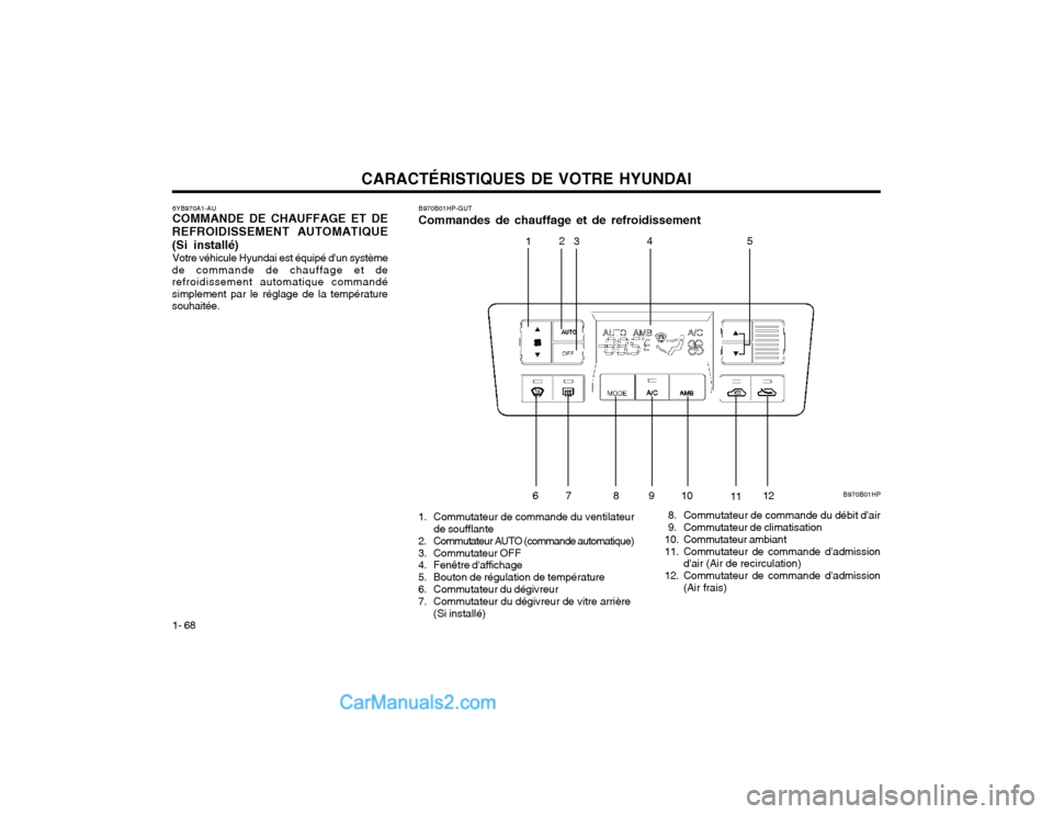 Hyundai Terracan 2002 Manuel du propriétaire (in French) CARACTÉRISTIQUES DE VOTRE HYUNDAI
1- 68
B970B01HP
1 2
3 45
67 8 91 0
1112
B970B01HP-GUT Commandes de chauffage et de refroidissement
6YB970A1-AU COMMANDE DE CHAUFFAGE ET DE
REFROIDISSEMENT AUTOMATIQU Hyundai Terracan 2002 Manuel du propriétaire (in French) CARACTÉRISTIQUES DE VOTRE HYUNDAI
1- 68
B970B01HP
1 2
3 45
67 8 91 0
1112
B970B01HP-GUT Commandes de chauffage et de refroidissement
6YB970A1-AU COMMANDE DE CHAUFFAGE ET DE
REFROIDISSEMENT AUTOMATIQU