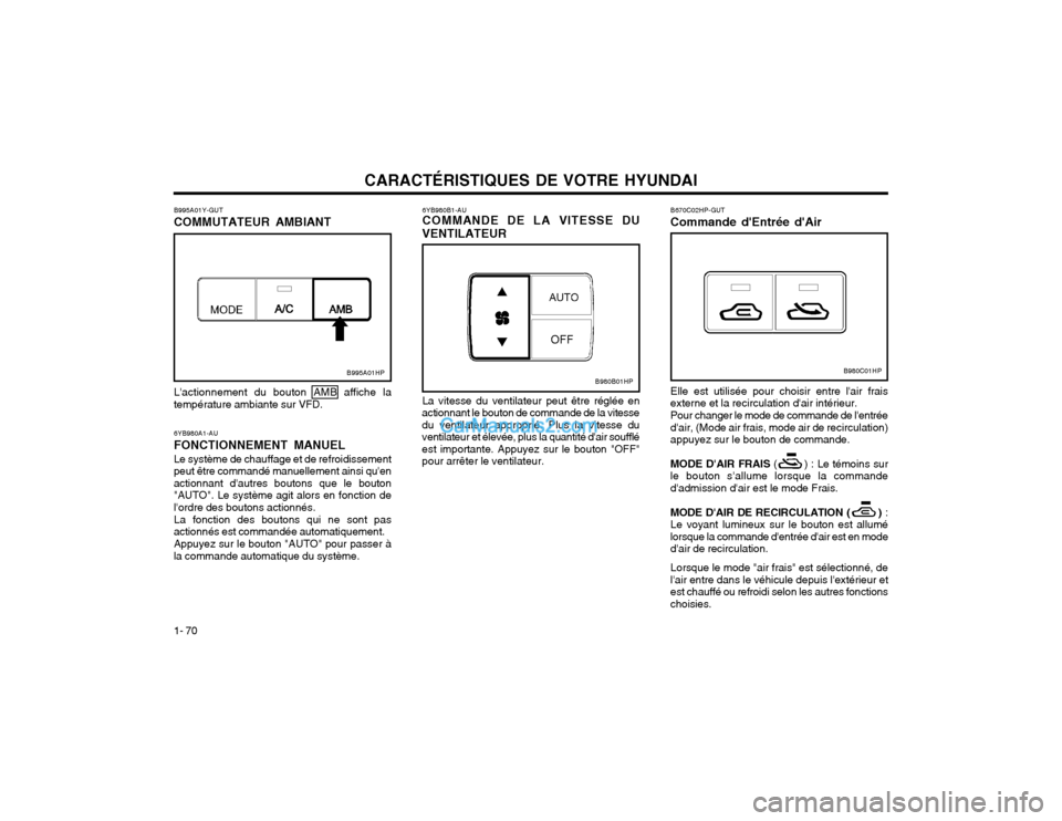 Hyundai Terracan 2002 Manuel du propriétaire (in French) CARACTÉRISTIQUES DE VOTRE HYUNDAI
1- 70 Elle est utilisée pour choisir entre lair frais externe et la recirculation dair intérieur. Pour changer le mode de commande de lentrée dair, (Mode air Hyundai Terracan 2002 Manuel du propriétaire (in French) CARACTÉRISTIQUES DE VOTRE HYUNDAI
1- 70 Elle est utilisée pour choisir entre lair frais externe et la recirculation dair intérieur. Pour changer le mode de commande de lentrée dair, (Mode air