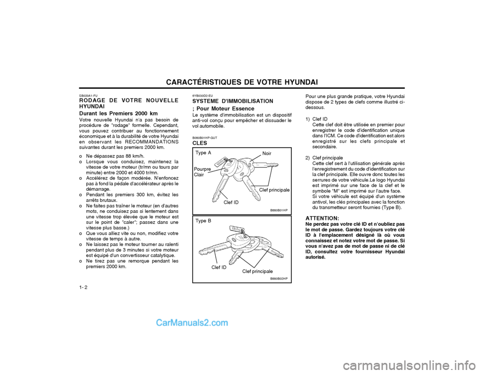 Hyundai Terracan 2002 Manuel du propriétaire (in French) CARACTÉRISTIQUES DE VOTRE HYUNDAI
1- 2 6YB030D2-EU SYSTEME DIMMOBILISATION ; Pour Moteur Essence Le système dimmobilisation est un dispositif
anti-vol conçu pour empêcher et dissuader le vol aut Hyundai Terracan 2002 Manuel du propriétaire (in French) CARACTÉRISTIQUES DE VOTRE HYUNDAI
1- 2 6YB030D2-EU SYSTEME DIMMOBILISATION ; Pour Moteur Essence Le système dimmobilisation est un dispositif
anti-vol conçu pour empêcher et dissuader le vol aut