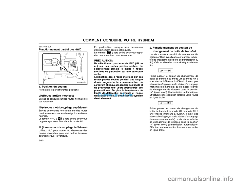 Hyundai Terracan 2002  Manuel du propriétaire (in French) COMMENT CONDUIRE VOTRE HYUNDAI
2-10 En particulier, lorsque une puissance dentraînement accrue est requise. Le témoin (        ) sera activé pour vous rapp- eler que vous êtes dans le mode 4L.
PR