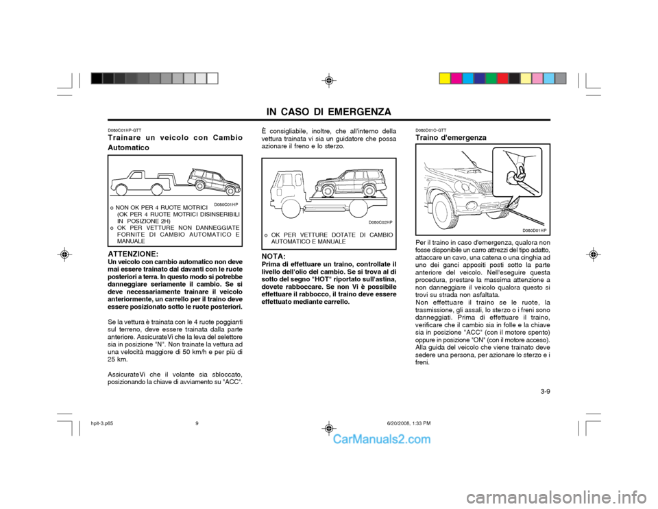 Hyundai Terracan 2002  Manuale del proprietario (in Italian) IN CASO DI EMERGENZA  3-9
D080C01HP-GTT Trainare un veicolo con Cambio
Automatico
ATTENZIONE: Un veicolo con cambio automatico non deve
mai essere trainato dal davanti con le ruote posteriori a terra.