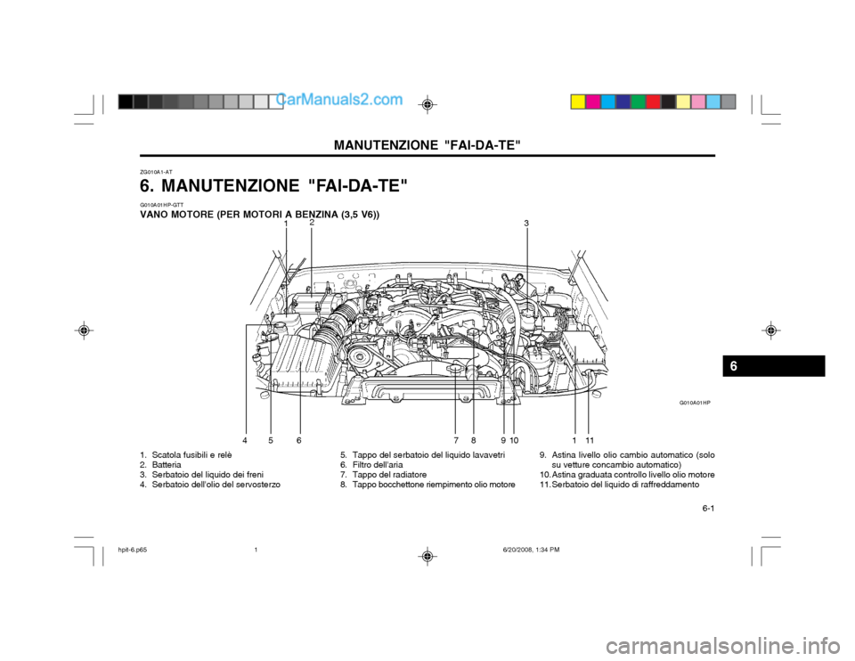 Hyundai Terracan 2002 Manuale del proprietario (in Italian) 6-1
MANUTENZIONE "FAI-DA-TE"
ZG010A1-AT
6. MANUTENZIONE "FAI-DA-TE" G010A01HP-GTT
VANO MOTORE (PER MOTORI A BENZINA (3,5 V6))
1. Scatola fusibili e relè
2. Batteria
3. Serbatoio del liquido dei f Hyundai Terracan 2002 Manuale del proprietario (in Italian) 6-1
MANUTENZIONE "FAI-DA-TE"
ZG010A1-AT
6. MANUTENZIONE "FAI-DA-TE" G010A01HP-GTT
VANO MOTORE (PER MOTORI A BENZINA (3,5 V6))
1. Scatola fusibili e relè
2. Batteria
3. Serbatoio del liquido dei f