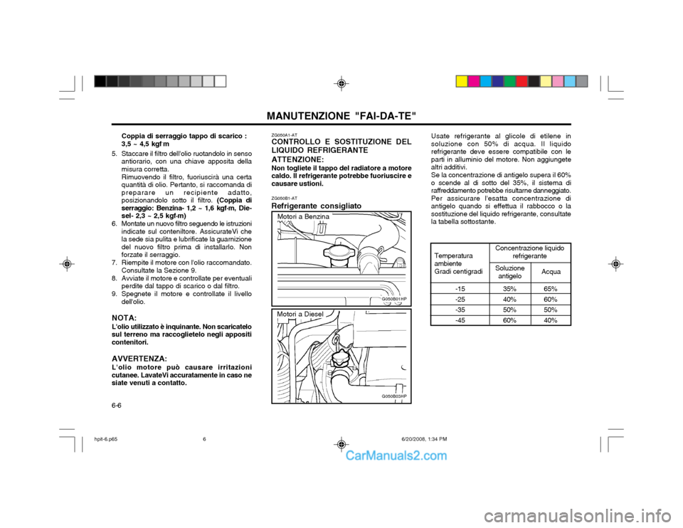 Hyundai Terracan 2002  Manuale del proprietario (in Italian) MANUTENZIONE "FAI-DA-TE"
6-6
Motori a Diesel
Motori a Benzina
ZG050A1-AT CONTROLLO E SOSTITUZIONE DEL LIQUIDO REFRIGERANTE ATTENZIONE: Non togliete il tappo del radiatore a motore caldo. Il refrigeran