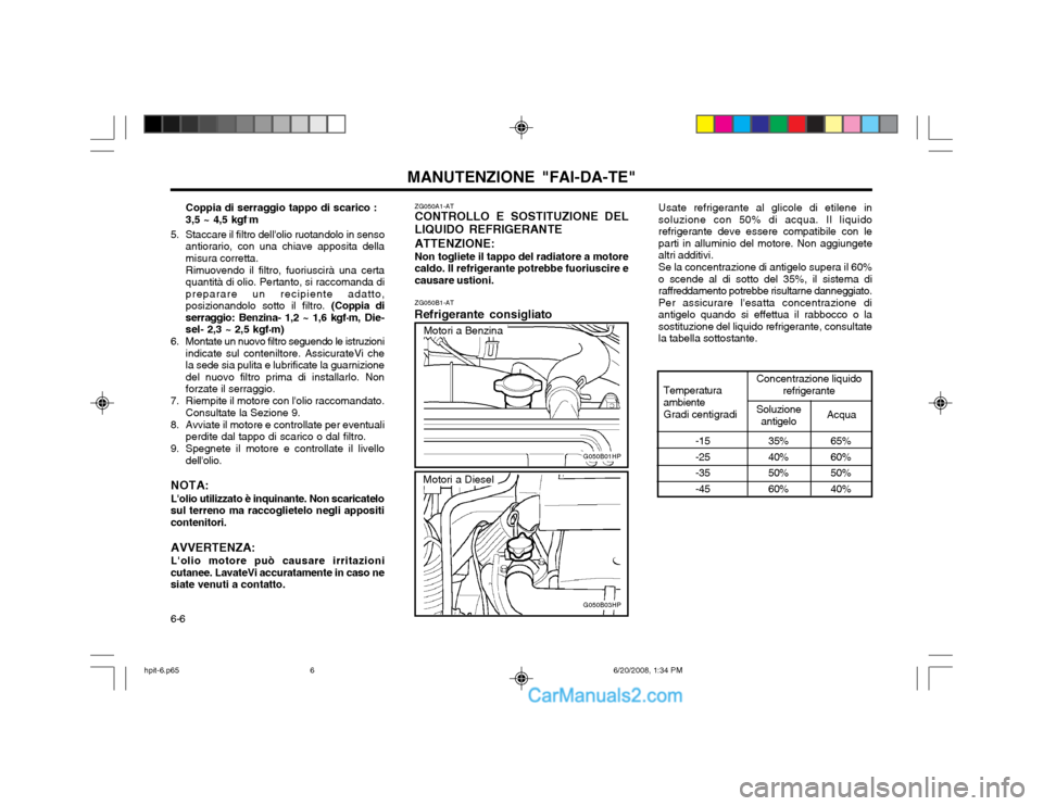 Hyundai Terracan 2002 Manuale del proprietario (in Italian) MANUTENZIONE "FAI-DA-TE"
6-6
Motori a Diesel
Motori a Benzina
ZG050A1-AT CONTROLLO E SOSTITUZIONE DEL LIQUIDO REFRIGERANTE ATTENZIONE: Non togliete il tappo del radiatore a motore caldo. Il refrigeran Hyundai Terracan 2002 Manuale del proprietario (in Italian) MANUTENZIONE "FAI-DA-TE"
6-6
Motori a Diesel
Motori a Benzina
ZG050A1-AT CONTROLLO E SOSTITUZIONE DEL LIQUIDO REFRIGERANTE ATTENZIONE: Non togliete il tappo del radiatore a motore caldo. Il refrigeran