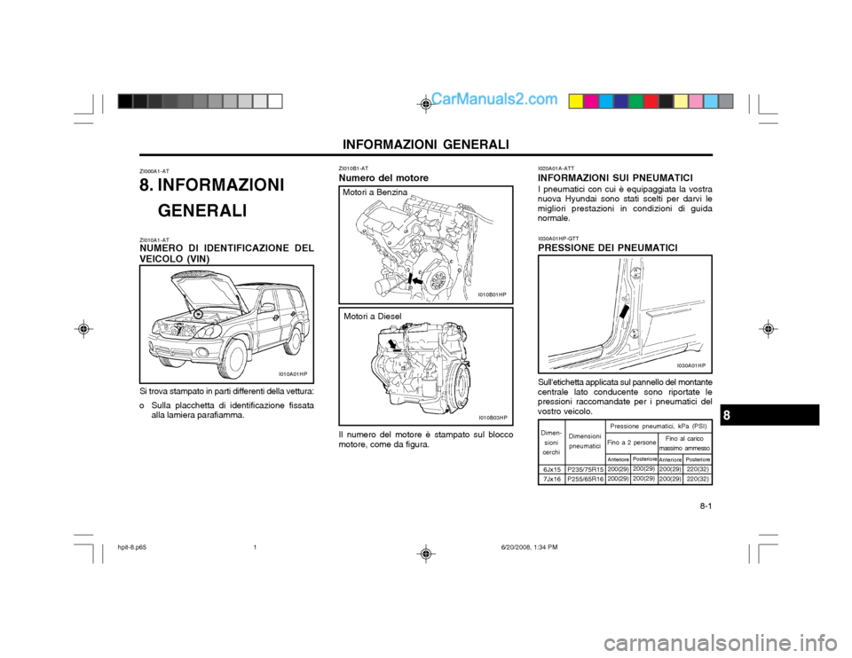 Hyundai Terracan 2002 Manuale del proprietario (in Italian) 8-1
INFORMAZIONI GENERALI
ZI010A1-AT NUMERO DI IDENTIFICAZIONE DEL
VEICOLO (VIN) ZI000A1-AT
8. INFORMAZIONI
GENERALI
Si trova stampato in parti differenti della vettura:
o Sulla placchetta di identi Hyundai Terracan 2002 Manuale del proprietario (in Italian) 8-1
INFORMAZIONI GENERALI
ZI010A1-AT NUMERO DI IDENTIFICAZIONE DEL
VEICOLO (VIN) ZI000A1-AT
8. INFORMAZIONI
GENERALI
Si trova stampato in parti differenti della vettura:
o Sulla placchetta di identi