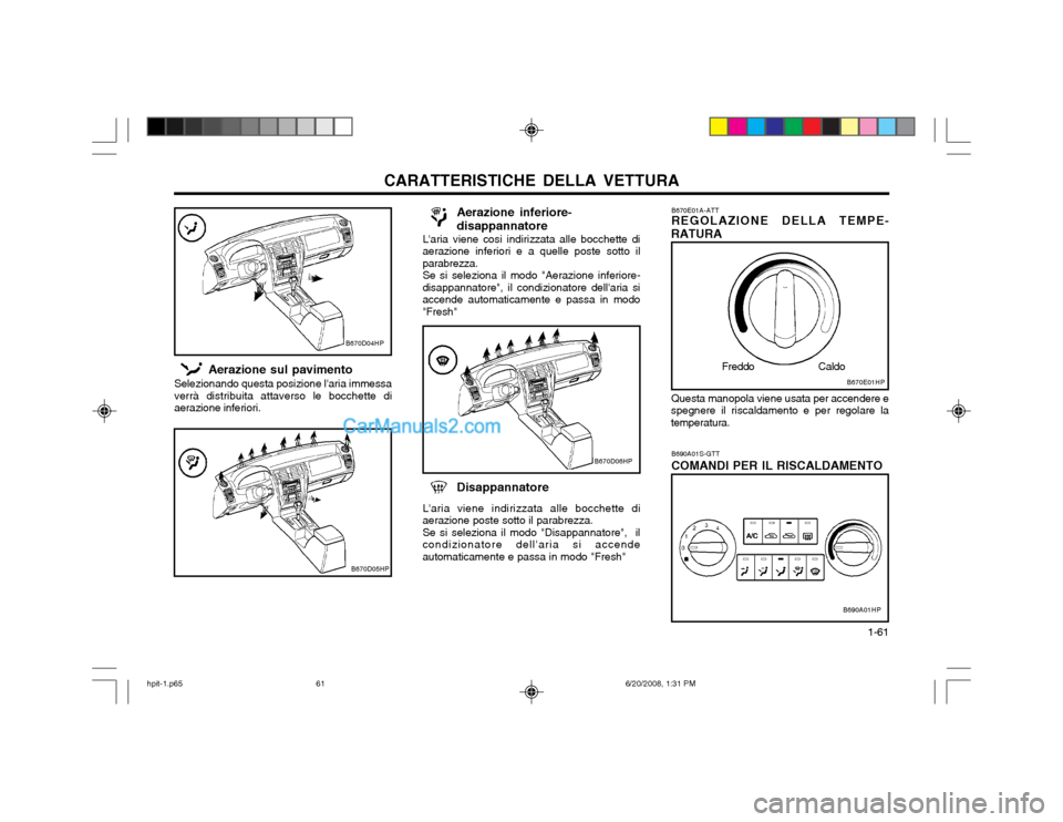 Hyundai Terracan 2002 Manuale del proprietario (in Italian) CARATTERISTICHE DELLA VETTURA 1-61
B670E01A-ATT REGOLAZIONE DELLA TEMPE-
RATURA
Questa manopola viene usata per accendere e
spegnere il riscaldamento e per regolare la temperatura.
Freddo Caldo
B690A Hyundai Terracan 2002 Manuale del proprietario (in Italian) CARATTERISTICHE DELLA VETTURA 1-61
B670E01A-ATT REGOLAZIONE DELLA TEMPE-
RATURA
Questa manopola viene usata per accendere e
spegnere il riscaldamento e per regolare la temperatura.
Freddo Caldo
B690A