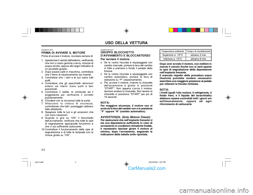 Hyundai Terracan 2002 Manuale del proprietario (in Italian) USO DELLA VETTURA
2-2 C030A01HP-GTT GRUPPO BLOCCHETTO DAVVIAMENTO E BLOCCASTERZO Per avviare il motore
o Se la vostra Hyundai è equipaggiata con cambio manuale, portare la leva del cambio in folle e Hyundai Terracan 2002 Manuale del proprietario (in Italian) USO DELLA VETTURA
2-2 C030A01HP-GTT GRUPPO BLOCCHETTO DAVVIAMENTO E BLOCCASTERZO Per avviare il motore
o Se la vostra Hyundai è equipaggiata con cambio manuale, portare la leva del cambio in folle e