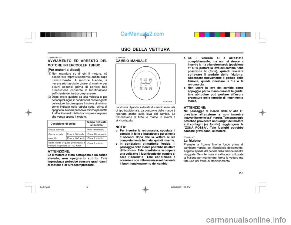 Hyundai Terracan 2002 Manuale del proprietario (in Italian) USO DELLA VETTURA 2-5
SC090A2-FT CAMBIO MANUALE La Vostra Hyundai è dotata di cambio manuale di tipo tradizionale. La posizione delle marce èriportata anche sulla leva del cambio. Latrasmissione di Hyundai Terracan 2002 Manuale del proprietario (in Italian) USO DELLA VETTURA 2-5
SC090A2-FT CAMBIO MANUALE La Vostra Hyundai è dotata di cambio manuale di tipo tradizionale. La posizione delle marce èriportata anche sulla leva del cambio. Latrasmissione di