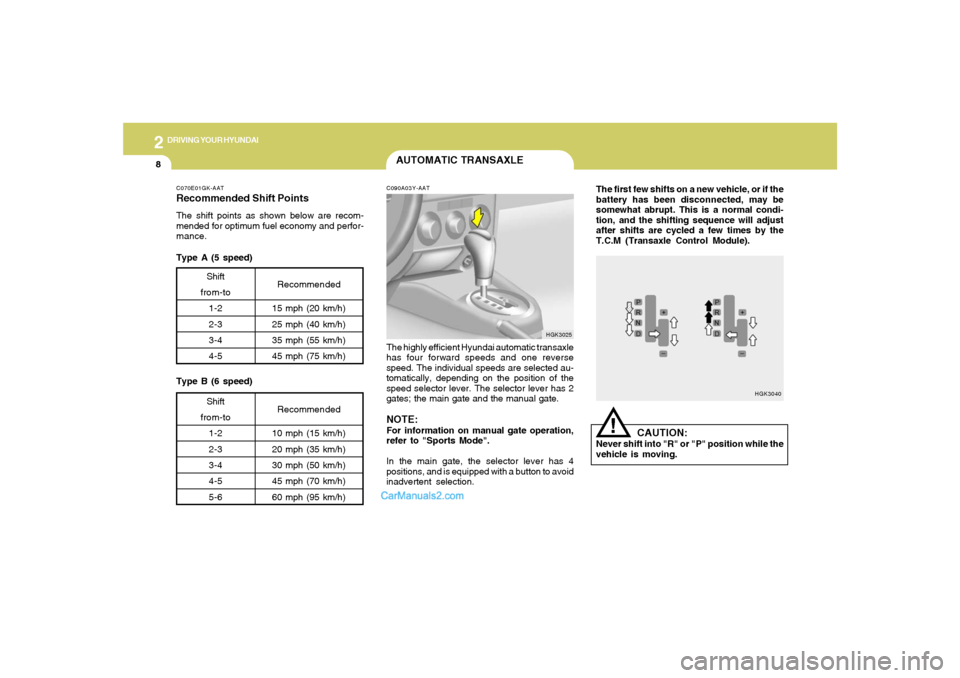 Hyundai Tiburon 2008  Owners Manual 2
DRIVING YOUR HYUNDAI
8
The first few shifts on a new vehicle, or if the
battery has been disconnected, may be
somewhat abrupt. This is a normal condi-
tion, and the shifting sequence will adjust
aft