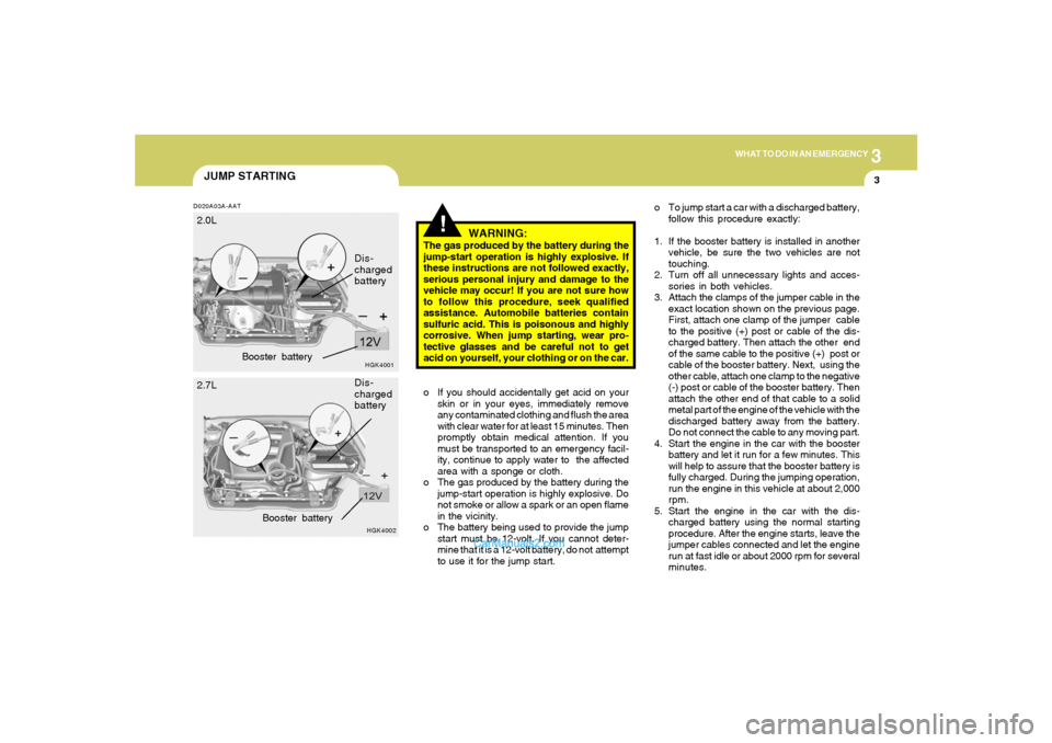 Hyundai Tiburon 2008  Owners Manual 3
WHAT TO DO IN AN EMERGENCY
3
JUMP STARTING
!
o To jump start a car with a discharged battery,
follow this procedure exactly:
1. If the booster battery is installed in another
vehicle, be sure the tw